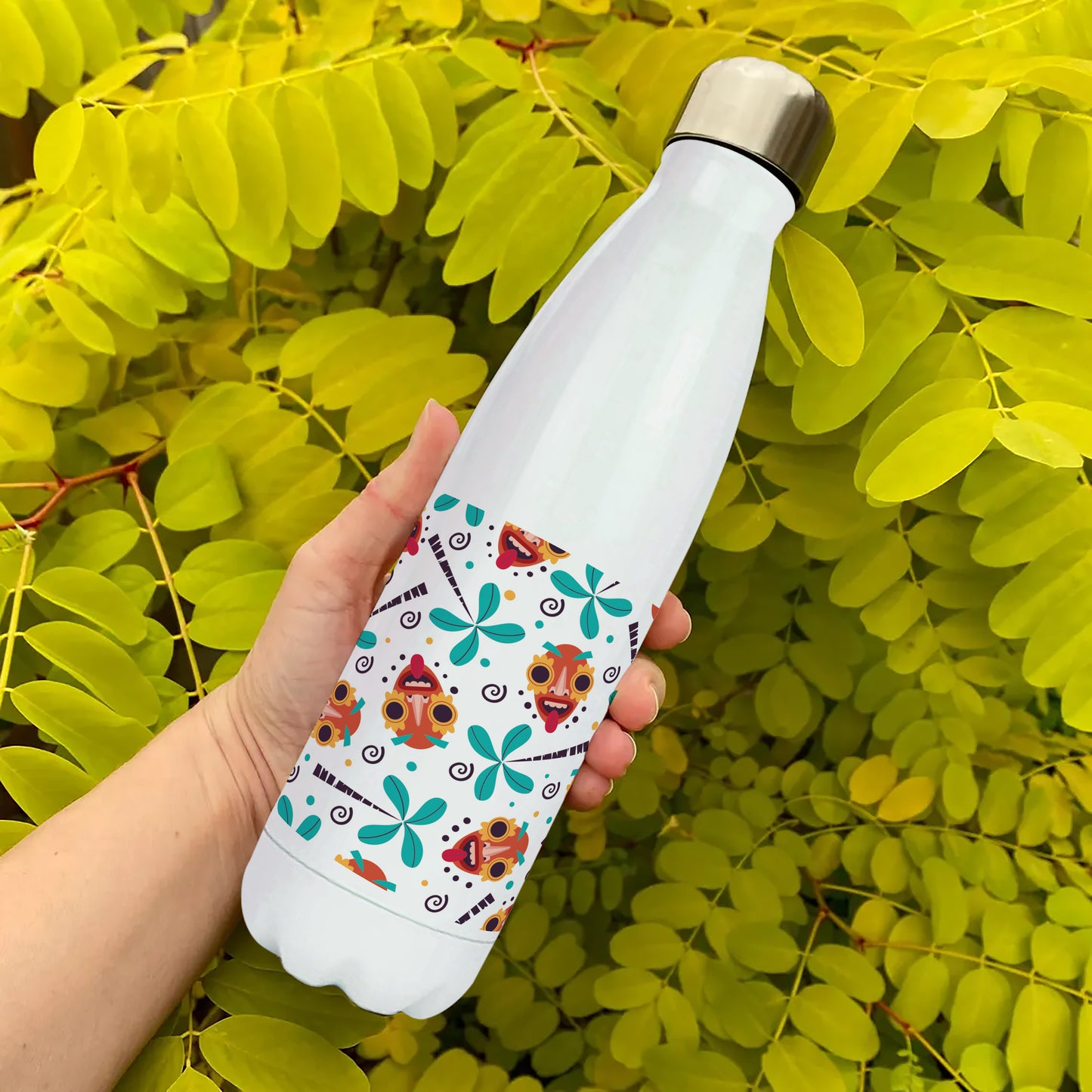 African tribe mask and flowers pattern Cola Bottle 500ml School Bottle, Picnic Bottle, Leak Proof