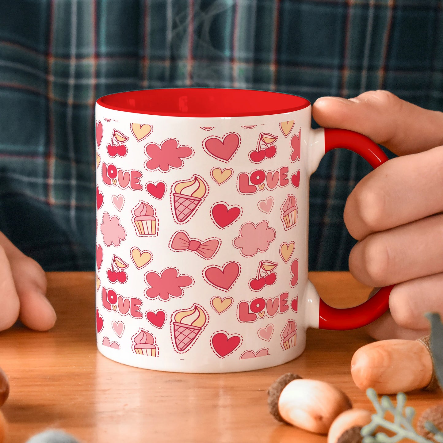 Retro pattern of decorative love elements design Red Handle 330 ml Coffee Mug