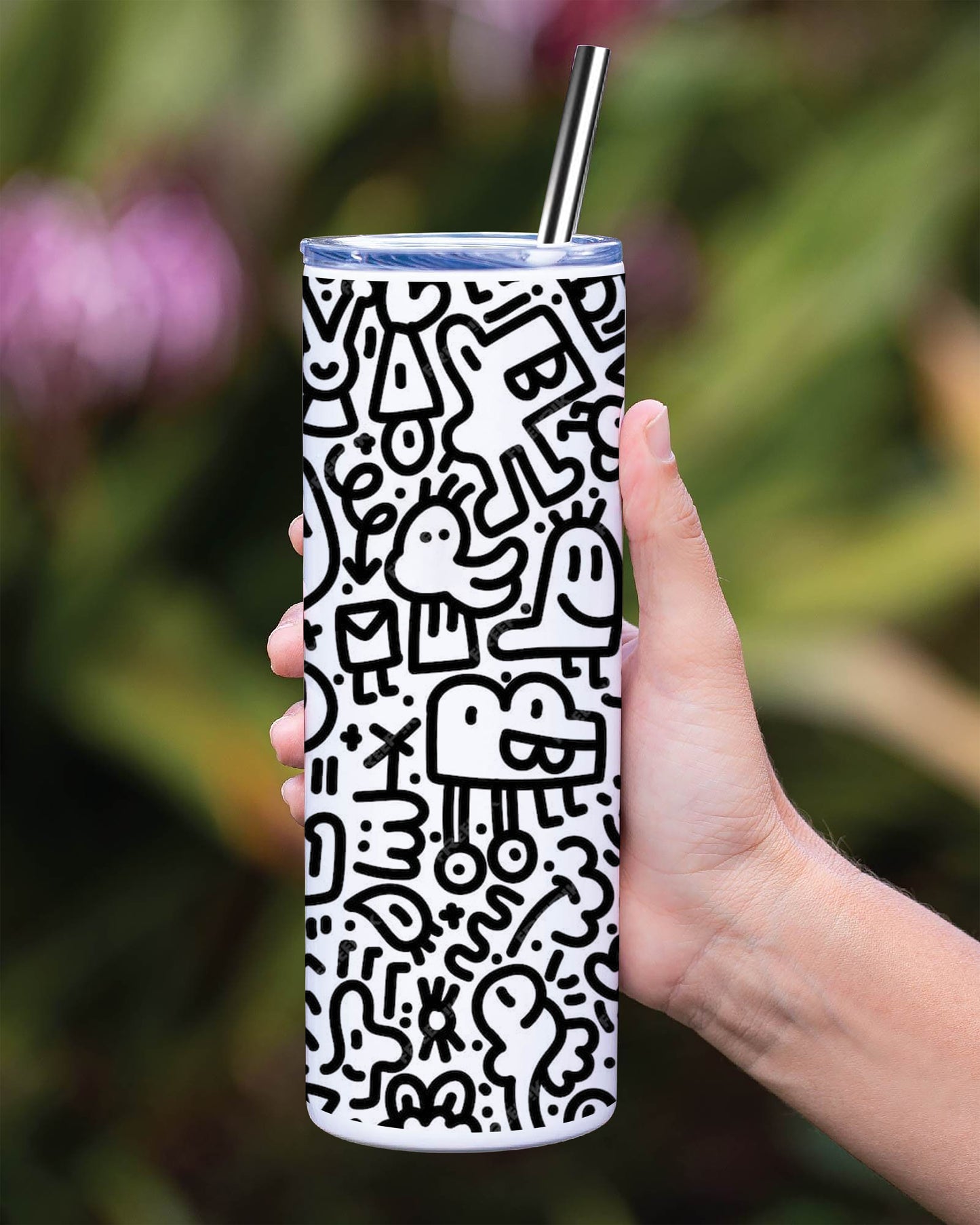 Black in white doodle art Printed 750ML with Lid Leak Proof Travel Tumbler with Straw