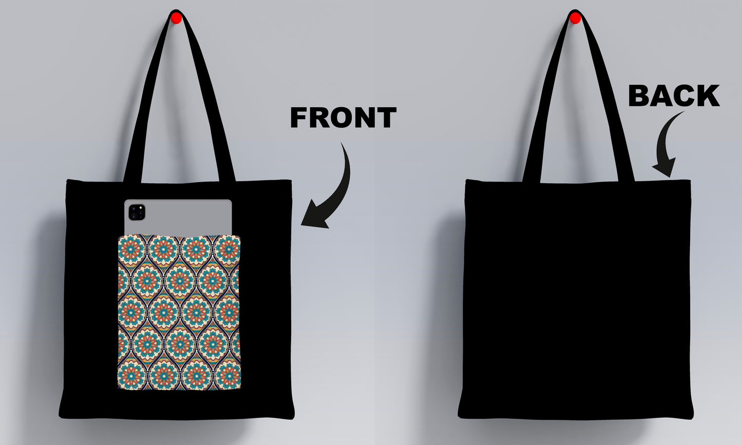 Ethnic mandala ornament illustration Design Printed Black Patch With Pocket Tote Bag (14 X 16 Inches) For Shopping, College, Travel