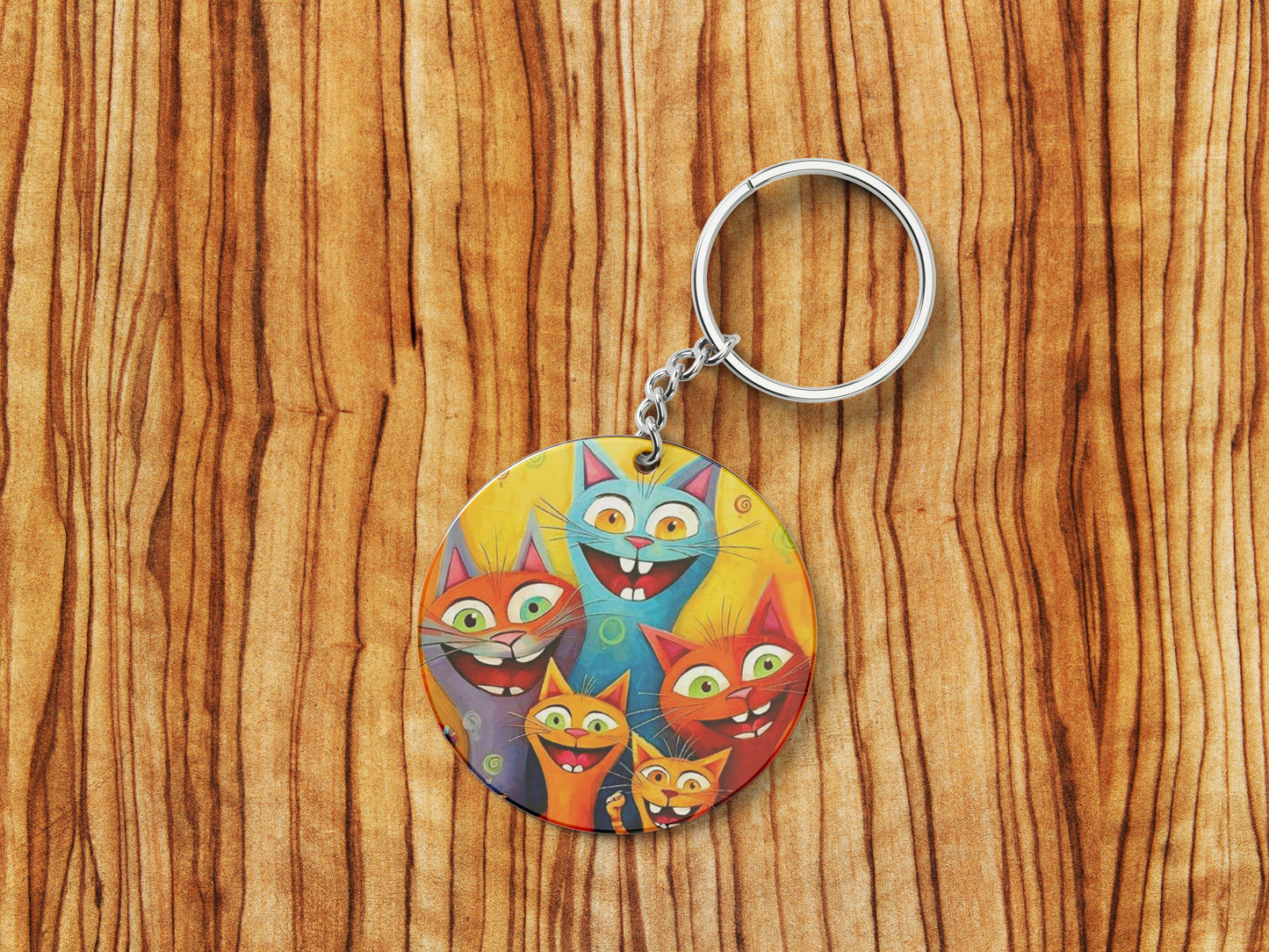 Cartoon cat group watercolor Artwork Printed Round Circle Shape Wooden Keyring with Chain