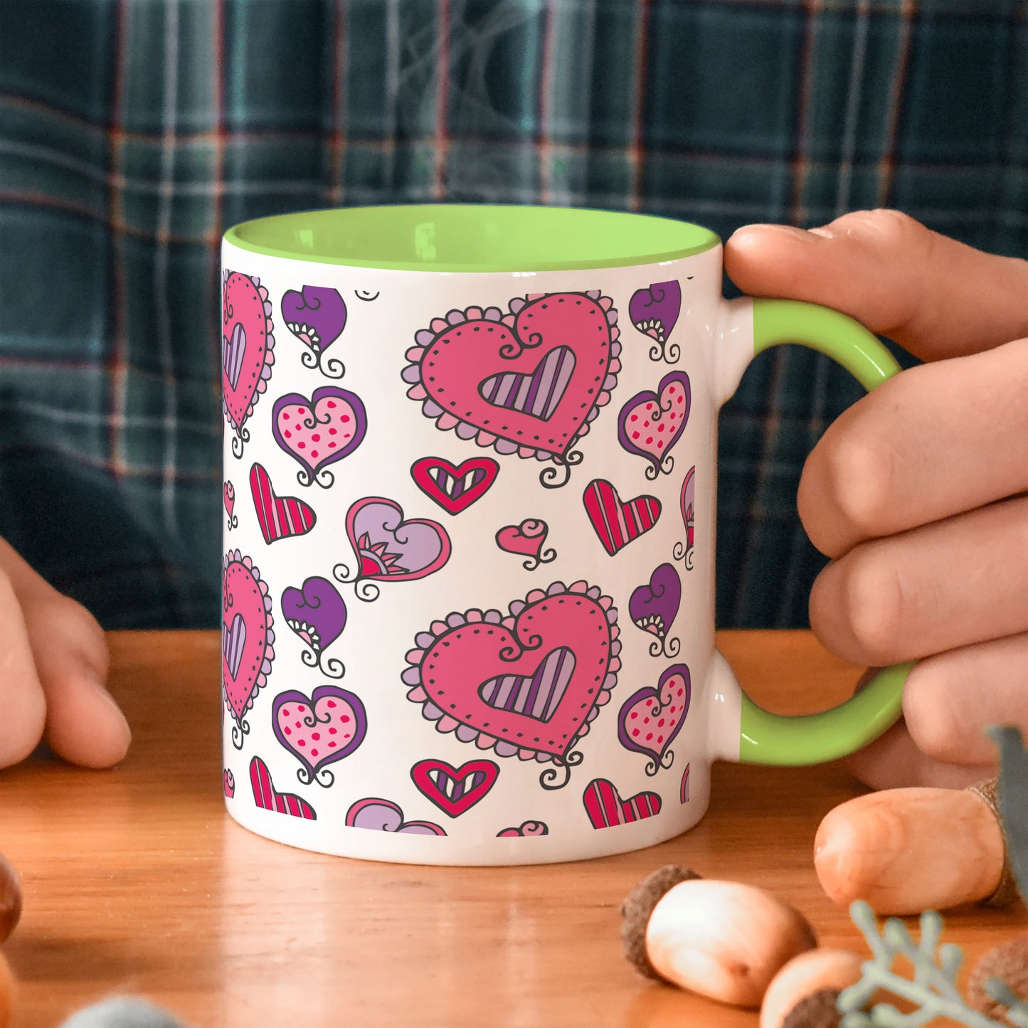 Hand drawn valentines day pattern design Light Green Handle 330 ml Coffee Mug