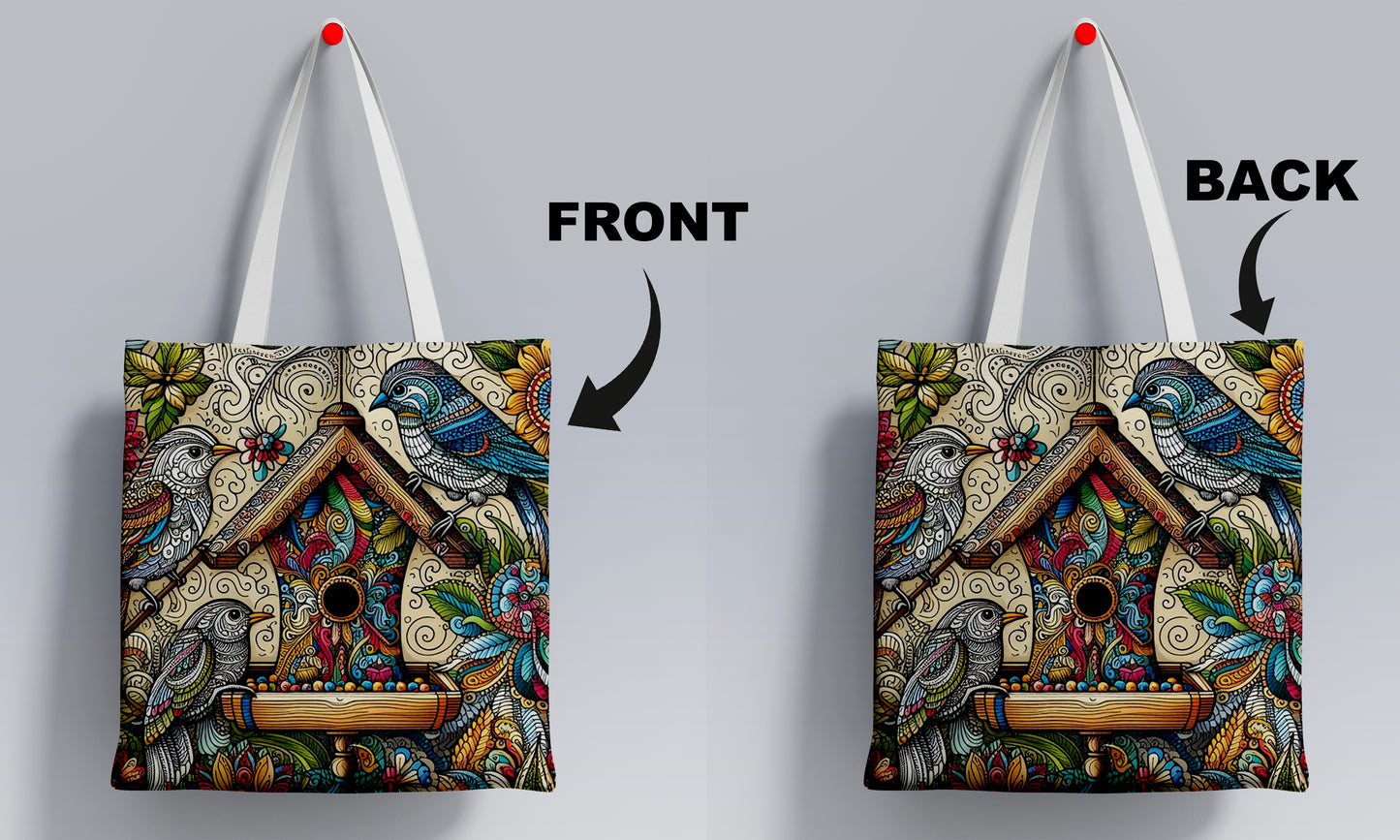 Birds and Feather madhubani art Printed Design White Tote Bag (14 X 16 Inches) For Shopping, College, Travel
