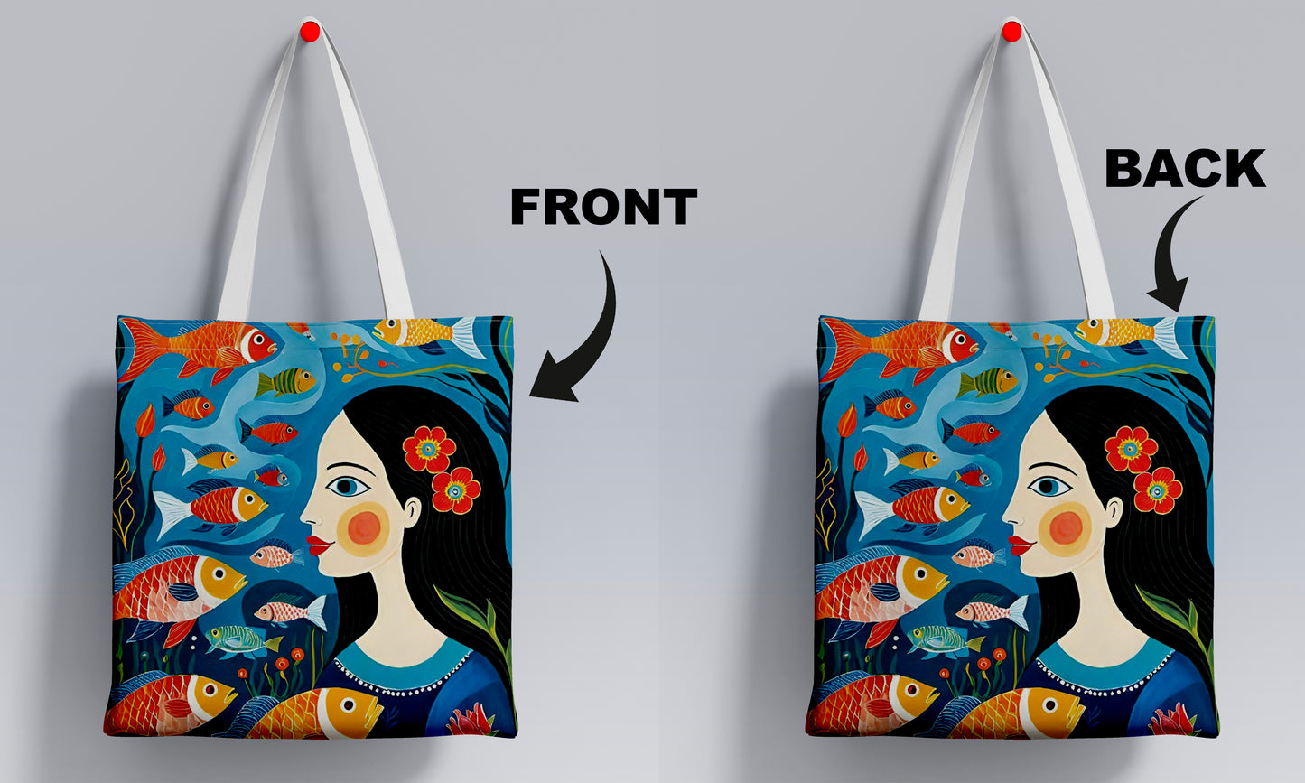 Fishes with woman Printed Design White Tote Bag (14 X 16 Inches) For Shopping, College, Travel
