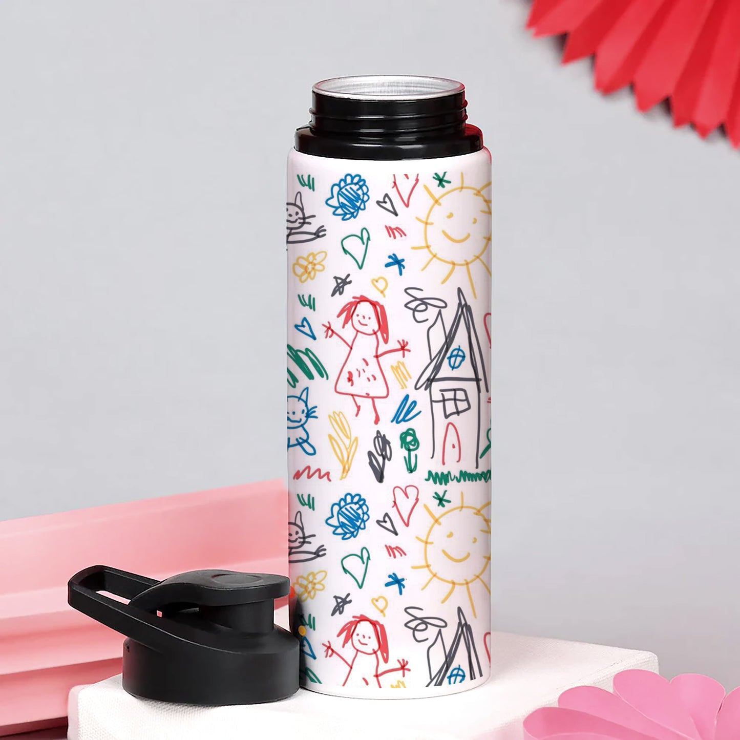 Seamless Pattern with Kids Illustrations Printed Eagle Shape Water Bottle 750 ml For Gym, Yoga, Kids, Boys, Girls, Brother, Sister, Babies, Baby, Workout, Adults