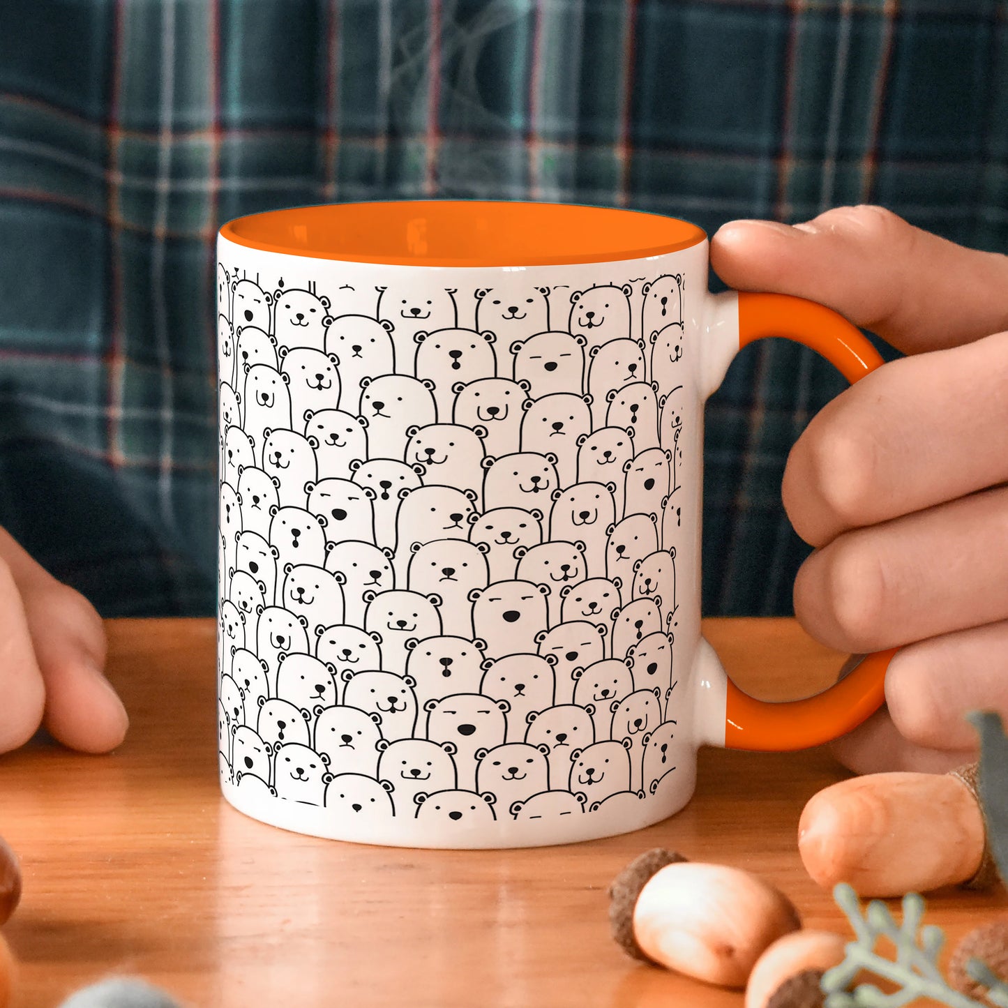 Black in white bear Doodle hand drawn pattern Orange Handle 330 ml Coffee Mug