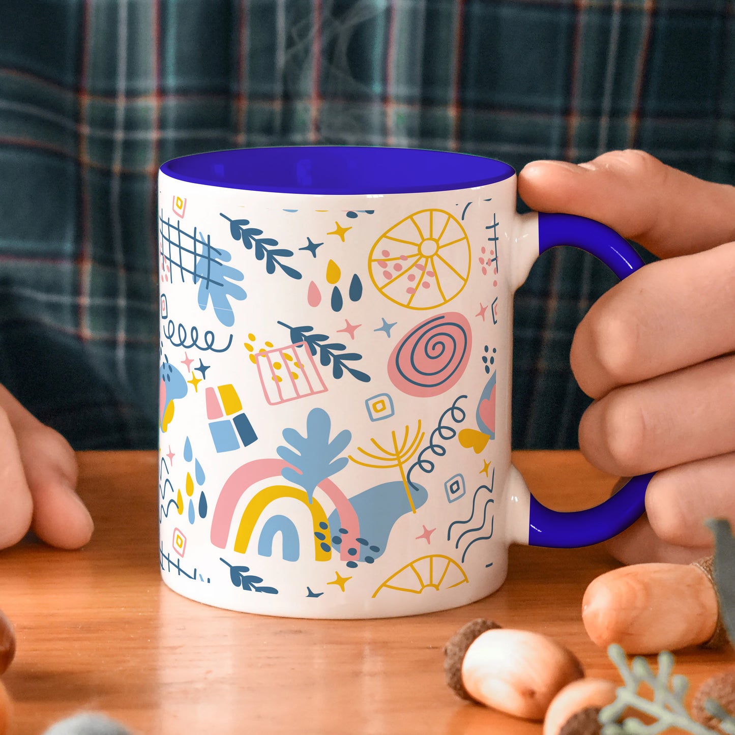 Hand drawn abstract element pattern Dark Blue Handle 330 ml Coffee Mug