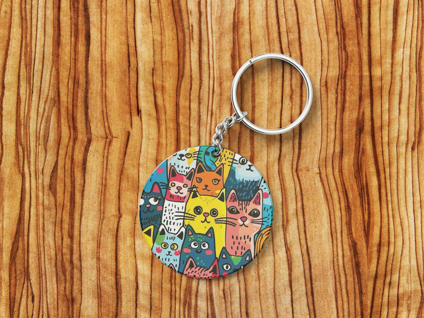 Colorful cat doodle art Printed Round Circle Shape Wooden Keyring with Chain