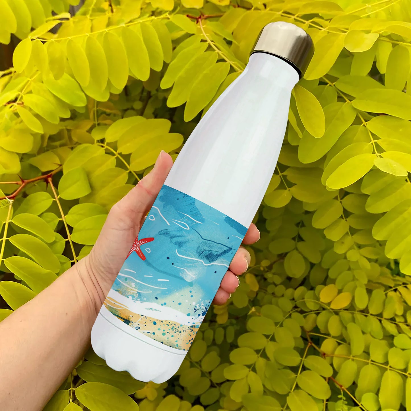 Cartoon illustration of a beach Cola Bottle 500ml School Bottle, Picnic Bottle, Leak Proof