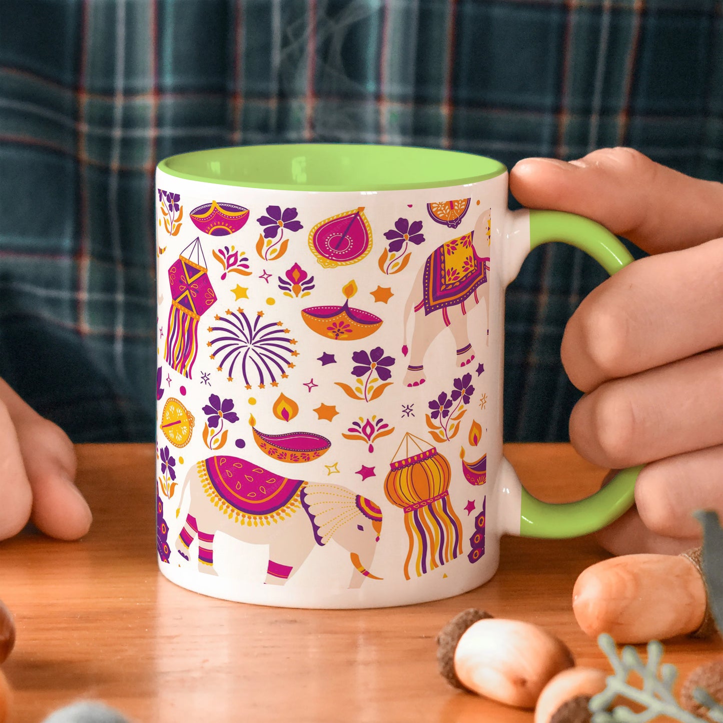 Happy diwali vector elements seamless pattern design Light Green Handle 330 ml Coffee Mug