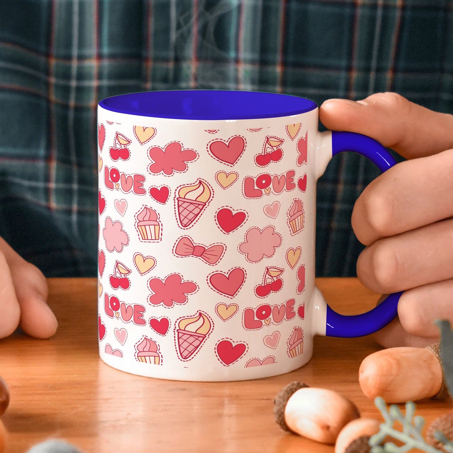 Retro pattern of decorative love elements design Dark Blue Handle 330 ml Coffee Mug