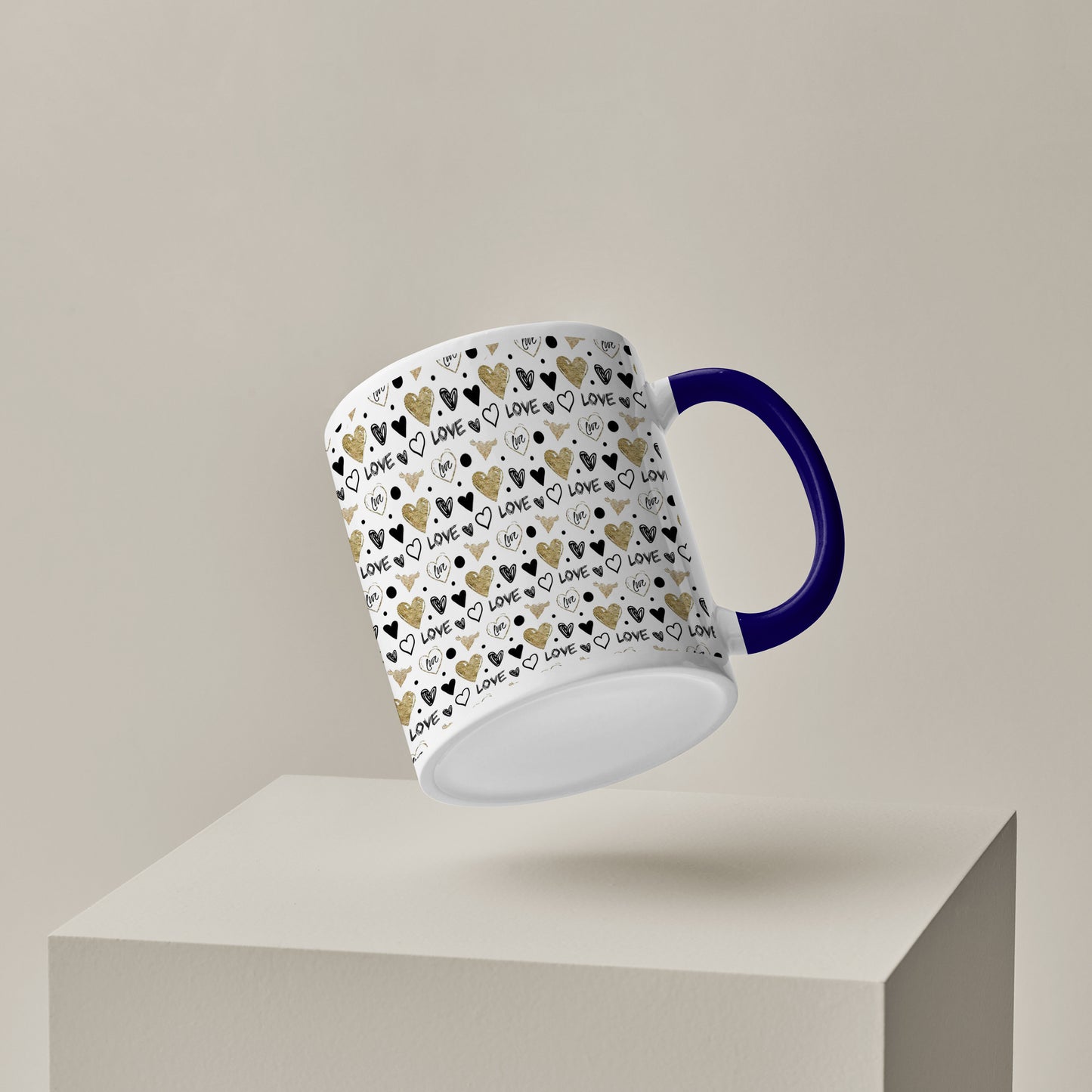 Hand drawn golden and black hearts pattern design Pattern Dark Blue Handle 330 ml Coffee Mug