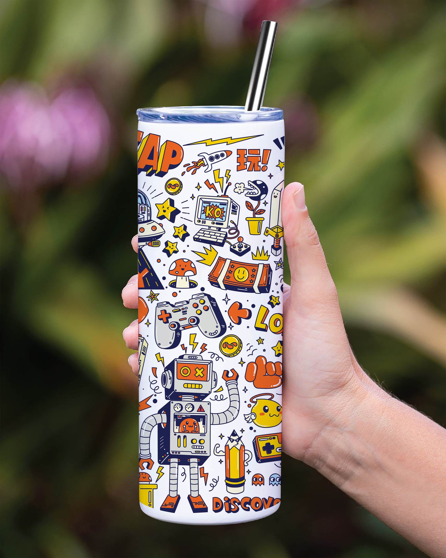 Game city colorful doodle art Printed 750ML with Lid Leak Proof Travel Tumbler with Straw