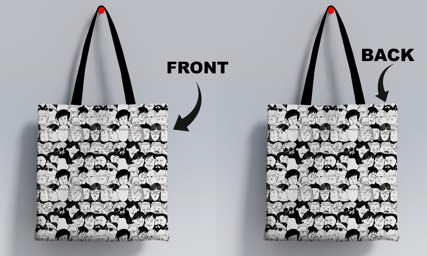 Seamless faces Art Design Printed Black Handle Tote Bag (14 X 16 Inches) For Shopping, College, Travel