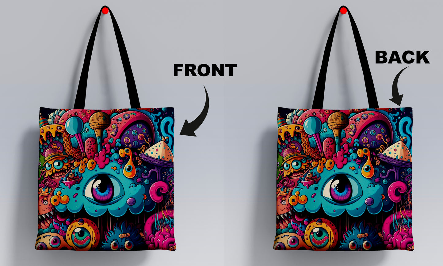 Abstract Neon Cartoon Art Printed Black Handle Tote Bag (14 X 16 Inches) For Shopping, College, Travel