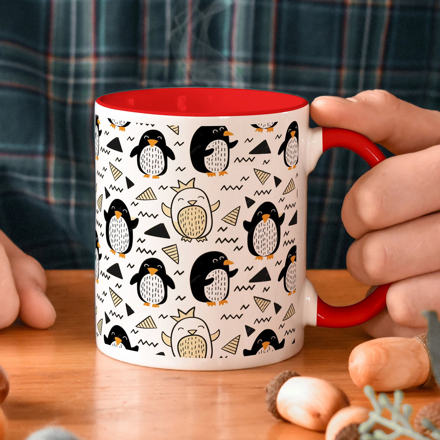 Hand drawn penguin doodle pattern Red Handle 330 ml Coffee Mug