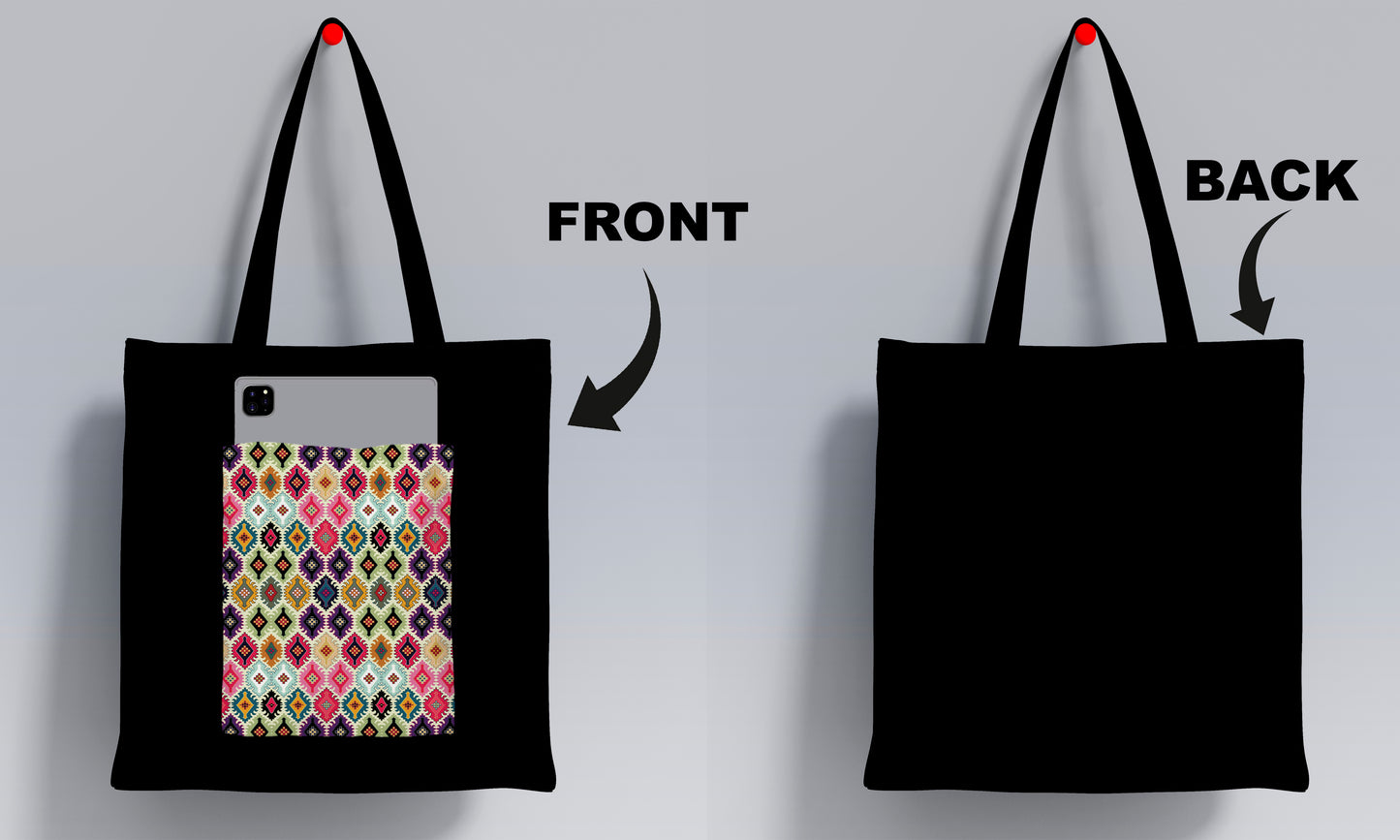 Abstract seamless pattern Design Printed Black Patch With Pocket Tote Bag (14 X 16 Inches) For Shopping, College, Travel