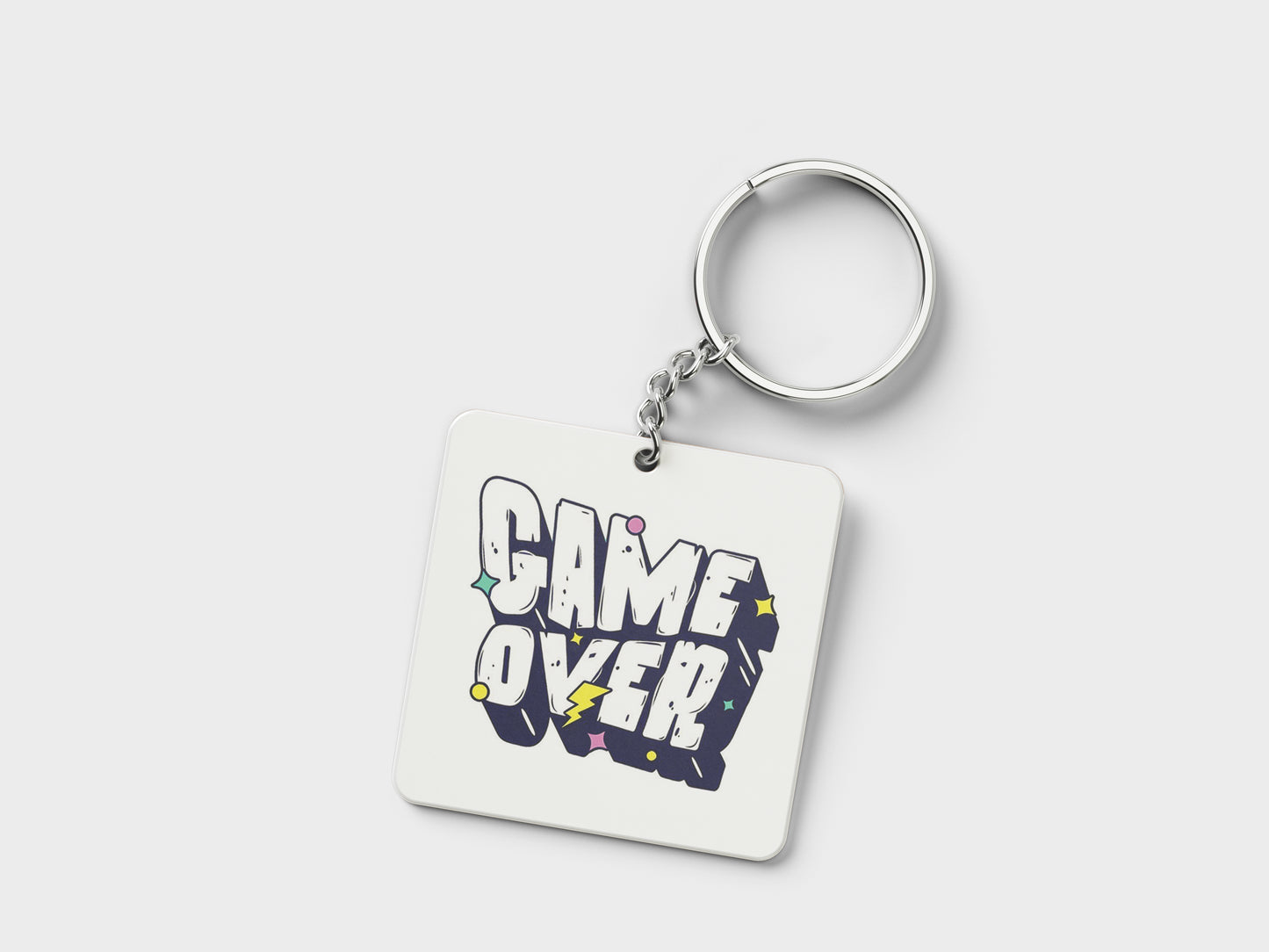 Game Over Digital Graphic Design Printed Square Shape Wooden Keyring with Chain