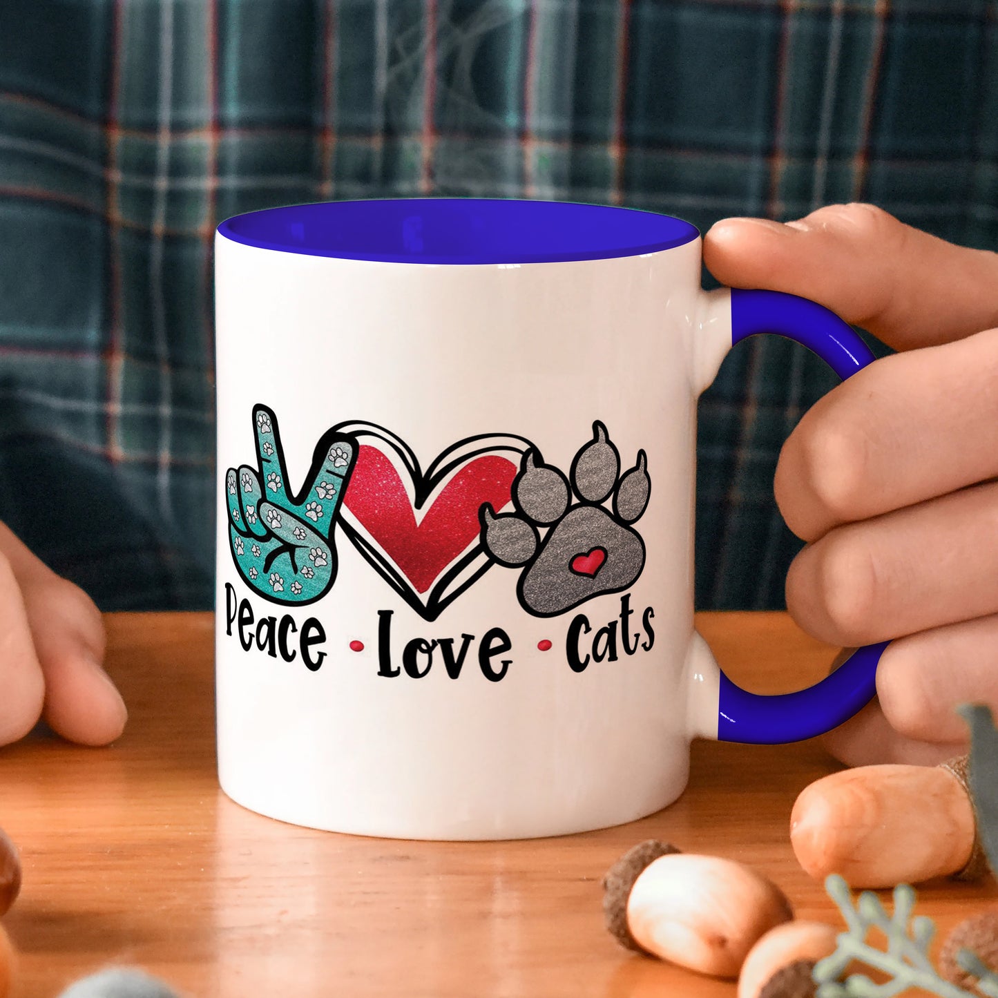 Peace Love cats design Dark Blue Handle 330 ml Coffee Mug