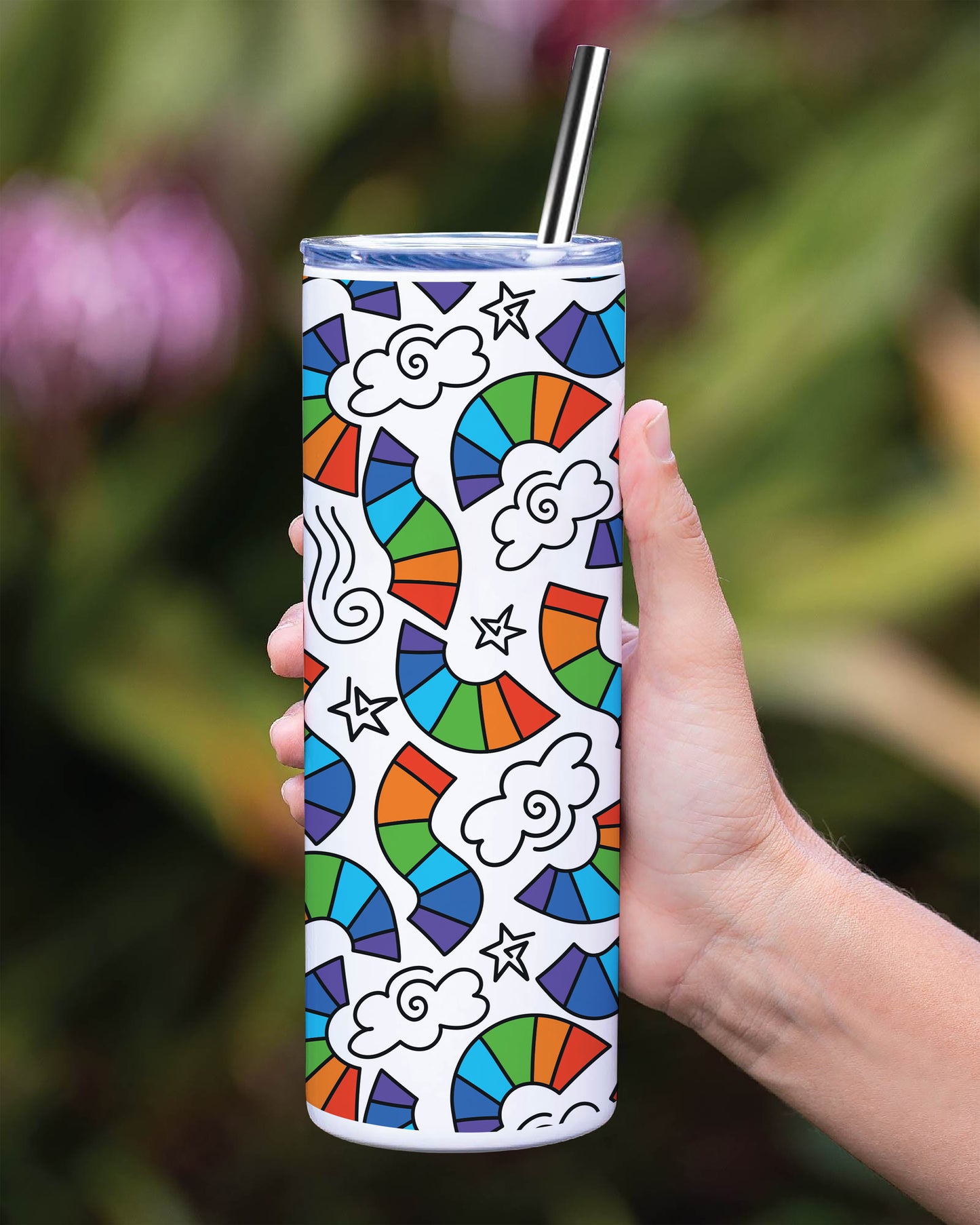 Hand drawn rainbow pattern design Printed 750ML with Lid Leak Proof Travel Tumbler with Straw