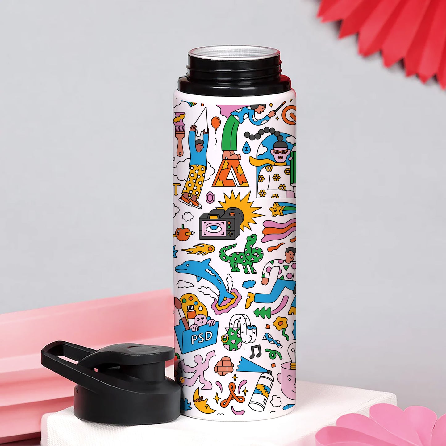 Colorfull Hand drawing Doodle art Printed Eagle Shape Water Bottle 750 ml For Gym, Yoga, Kids, Boys, Girls, Brother, Sister, Babies, Baby, Workout, Adults
