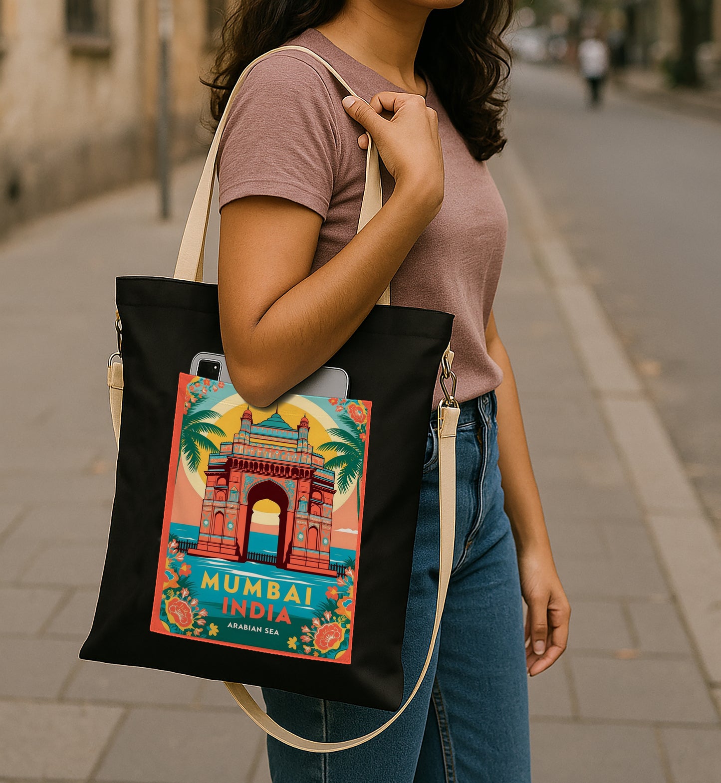 Mumbai India Printed Women's Girls Cross Body Sling Bag with Extra Front Pocket, College Bag for Girls, Tote Bag for Shopping,Travel