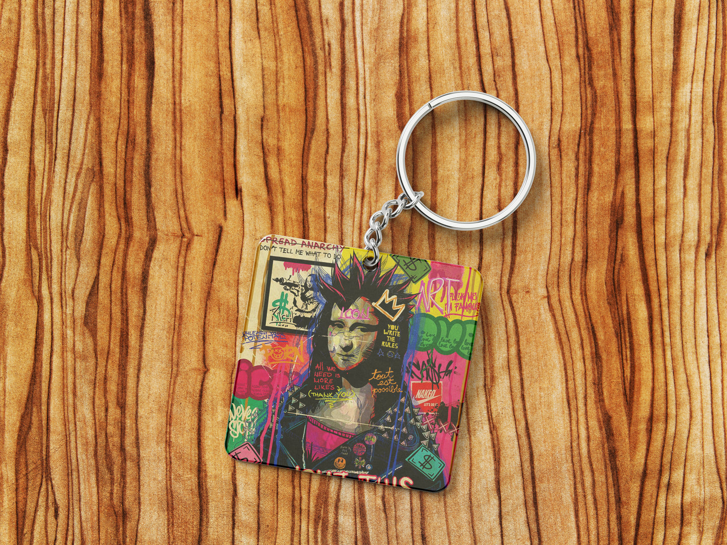 Mona Lisa pop Artwork Printed Square Shape Wooden Keyring with Chain
