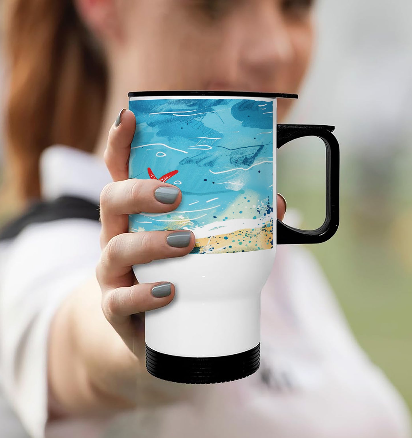 Cartoon illustration of a beach scene Printed 350ML Travel MUG