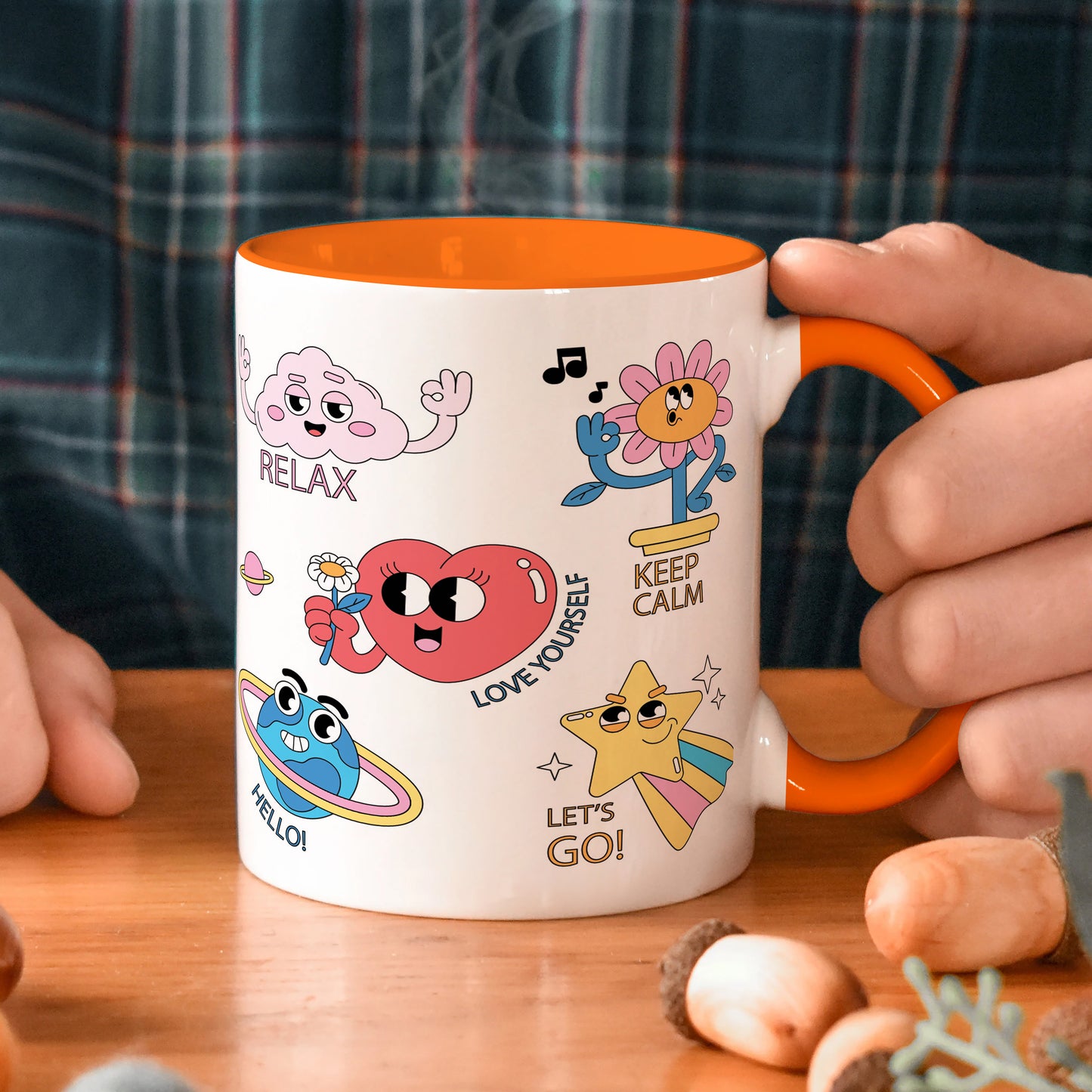 Hand drawn trendy cartoon badges design Orange Handle 330 ml Coffee Mug