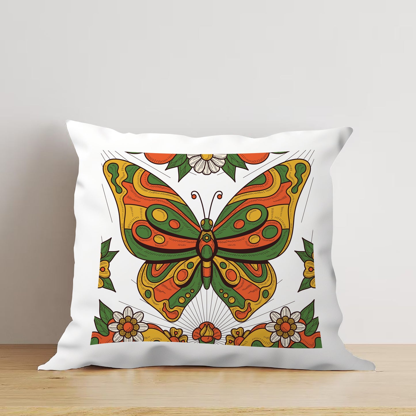 Hand Drawn Retro Butterfly Design Cushion (12x12 inches) Pack of 1