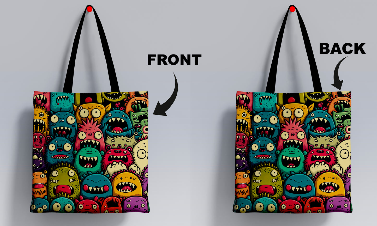 Funny Monsters Pattern Printed Black Handle Tote Bag (14 X 16 Inches) For Shopping, College, Travel