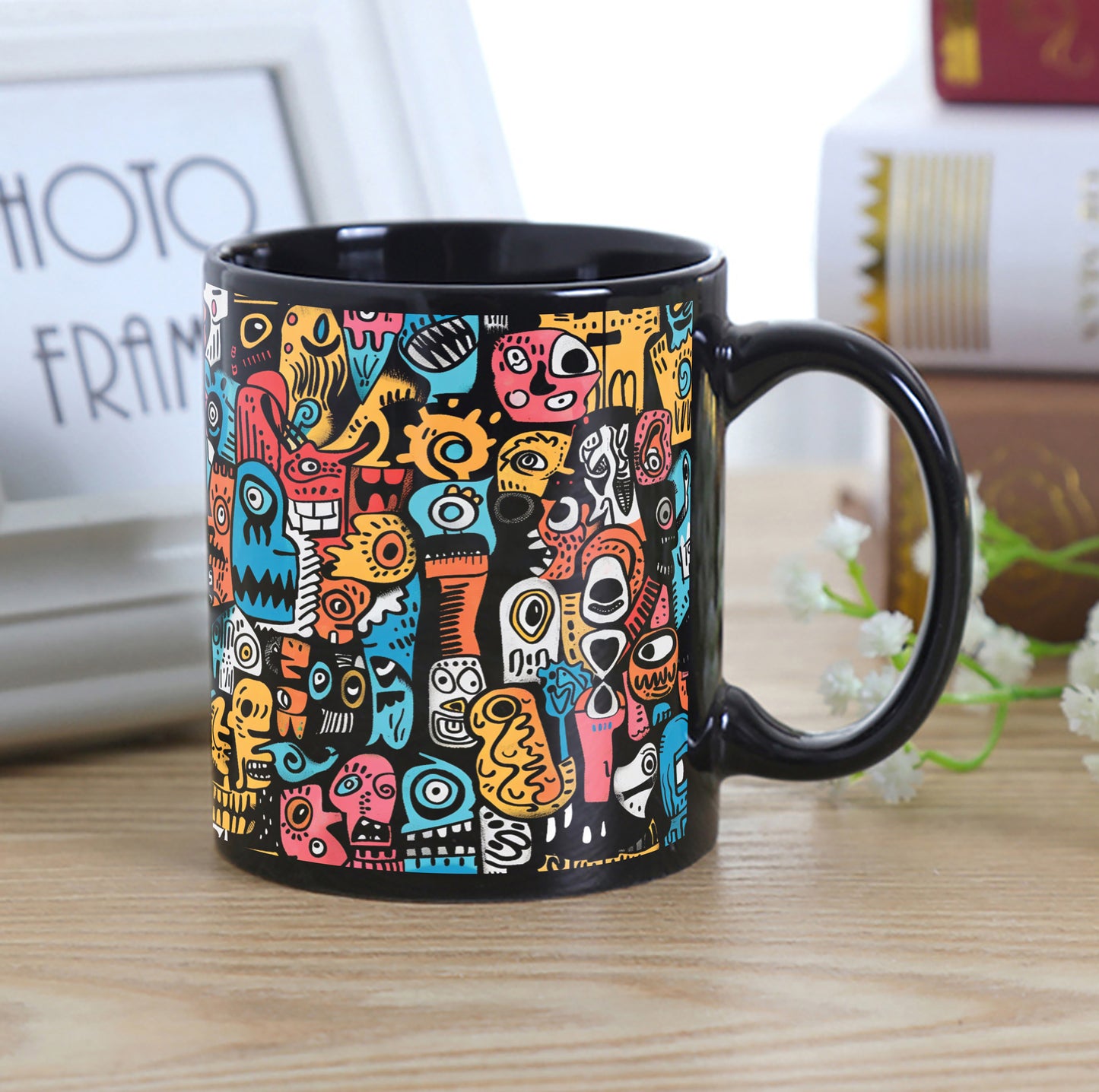 Colorful illustration of Skulls Combo Mugs and Coaster(Set of 2 Mugs and 2 coasters) 330 ml Full Black Coffee Mug