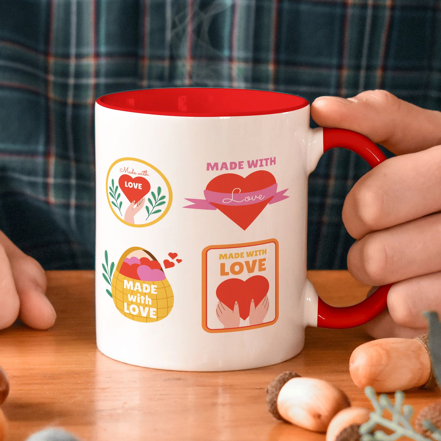 Hand drawn made with love floral label design Red Handle 330 ml Coffee Mug