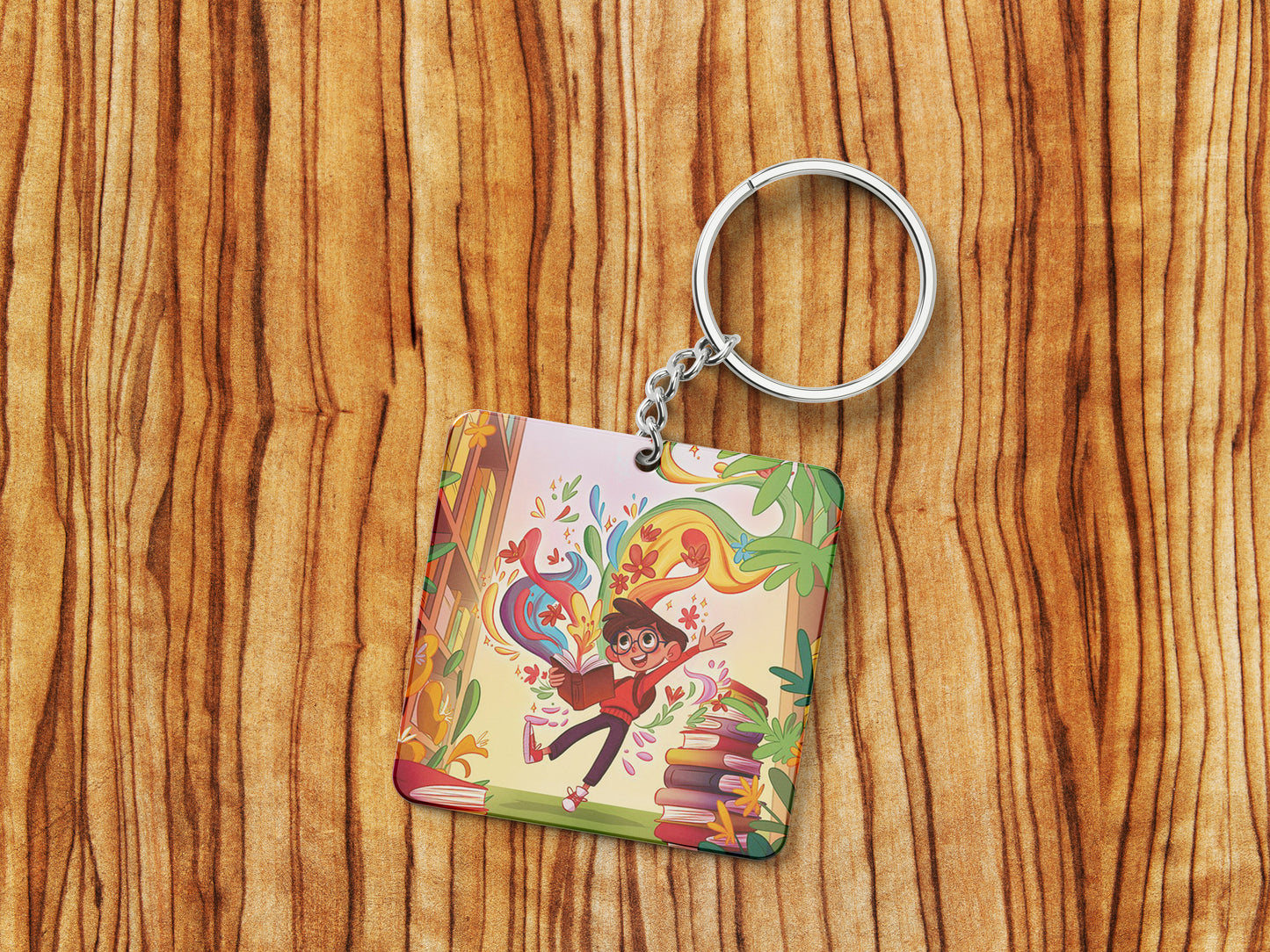 Colorful School Library Books Printed Square Shape Wooden Keyring with Chain