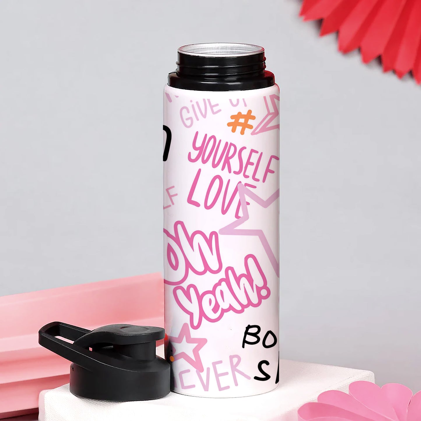 Fashion abstract seamless pattern with graffiti words Printed Eagle Shape Water Bottle 750 ml For Gym, Yoga, Kids, Boys, Girls, Brother, Sister, Babies, Baby, Workout, Adults