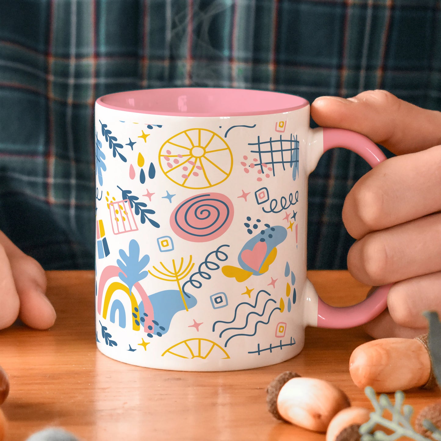 Hand drawn abstract element pattern Light Pink Handle 330 ml Coffee Mug