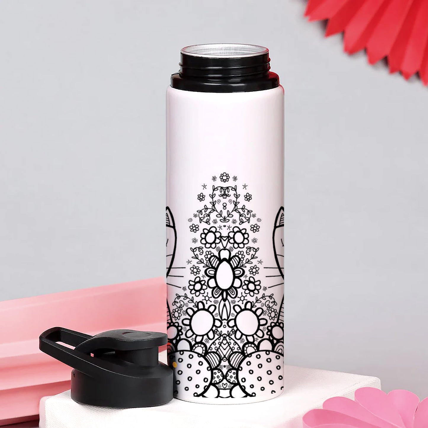 Black in white doodle art cat and birds Printed Eagle Shape Water Bottle 750 ml For Gym, Yoga, Kids, Boys, Girls, Brother, Sister, Babies, Baby, Workout, Adults