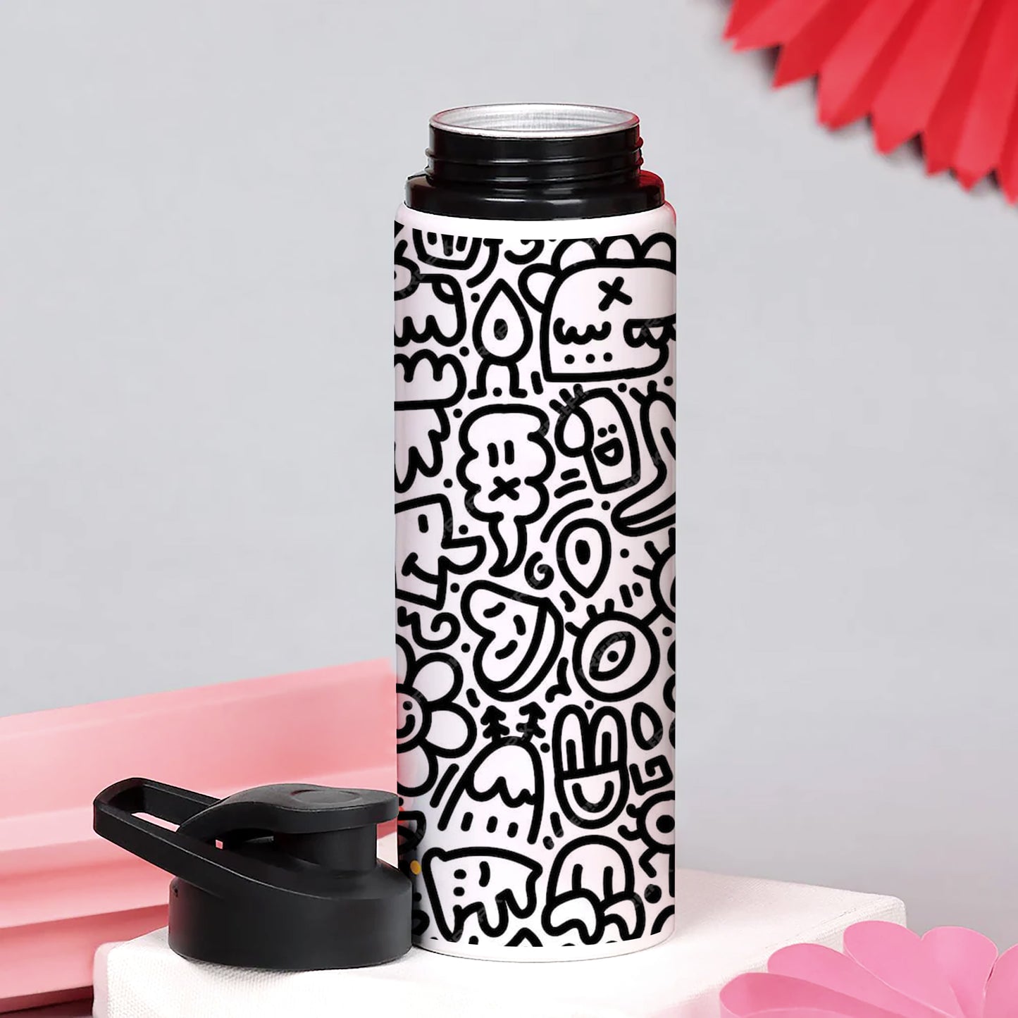 Black in white doodle art Printed Eagle Shape Water Bottle 750 ml For Gym, Yoga, Kids, Boys, Girls, Brother, Sister, Babies, Baby, Workout, Adults