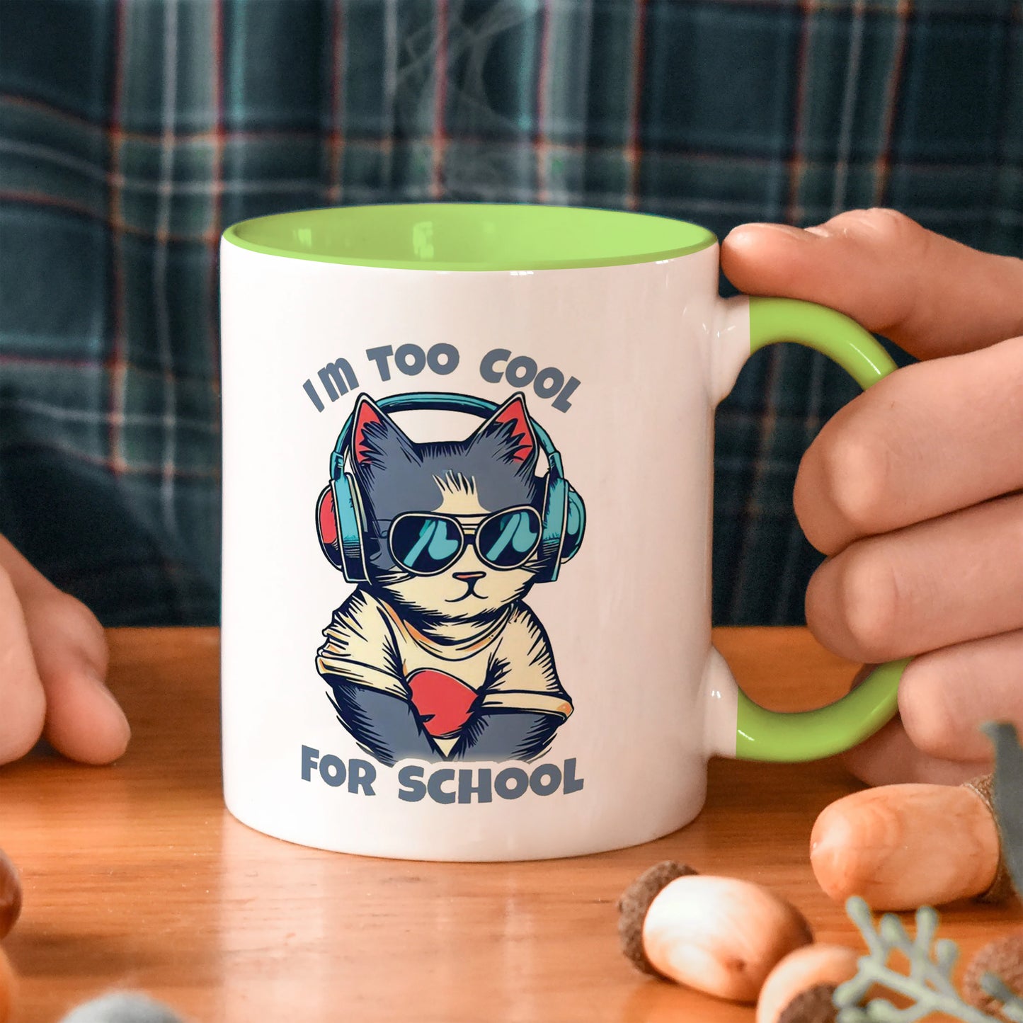 I Am too cool for school design Light Green Handle 330 ml Coffee Mug