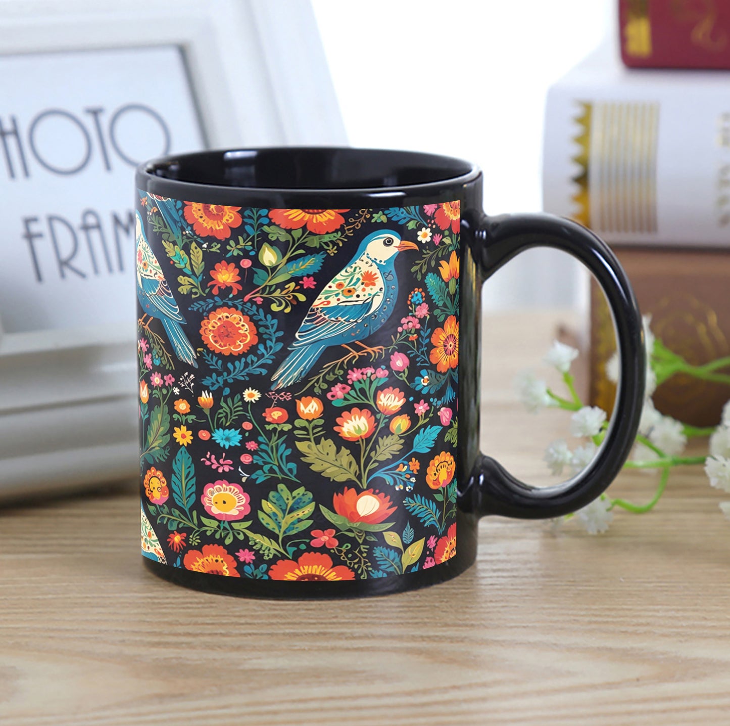 Birds and Flowers Folk Pattern Combo Mugs and Coaster(Set of 2 Mugs and 2 coasters) 330 ml Full Black Coffee Mug