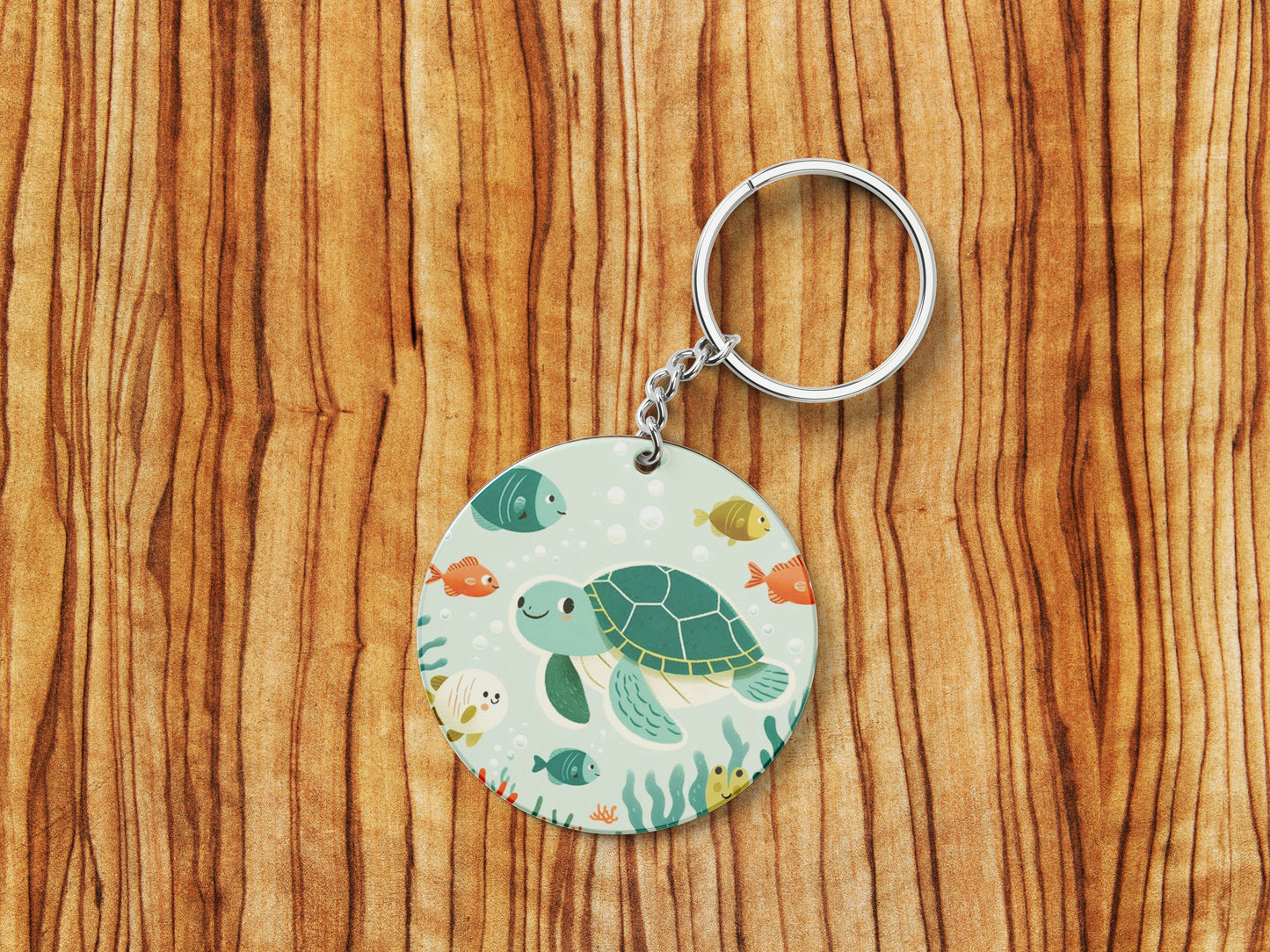 There are sea turtles swimming in the ocean with corals Nursery Painting Printed Round Circle Shape Wooden Keyring with Chain