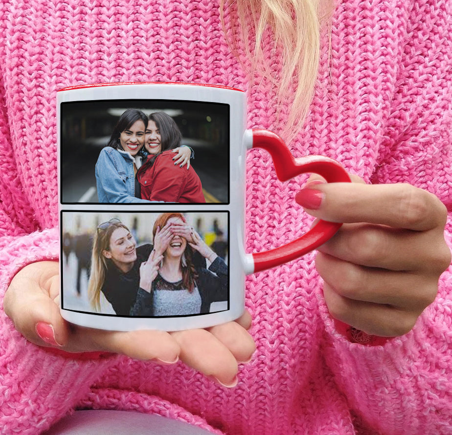 Friend forever customized add four photos red heart handle 330 ml Coffee Mug