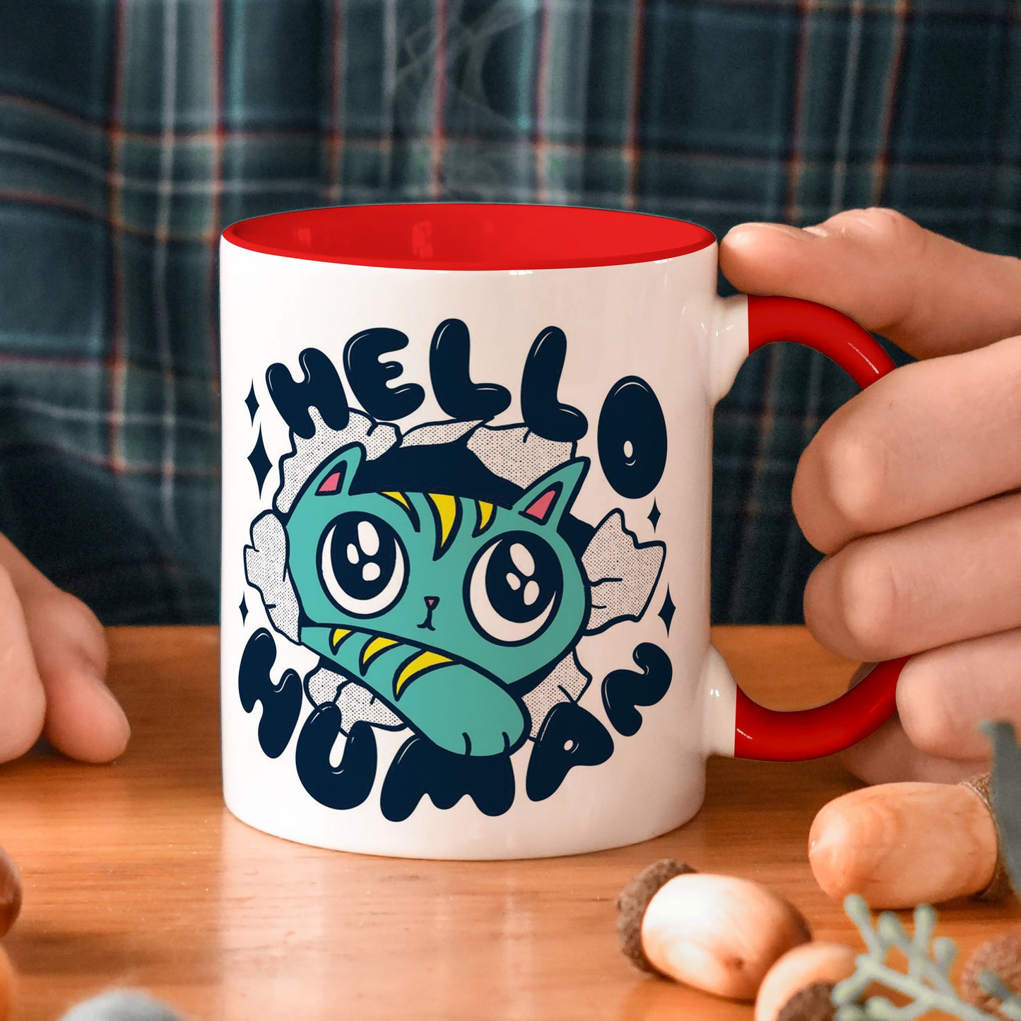 Cute Cat saying hello Human design Red Handle 330 ml Coffee Mug