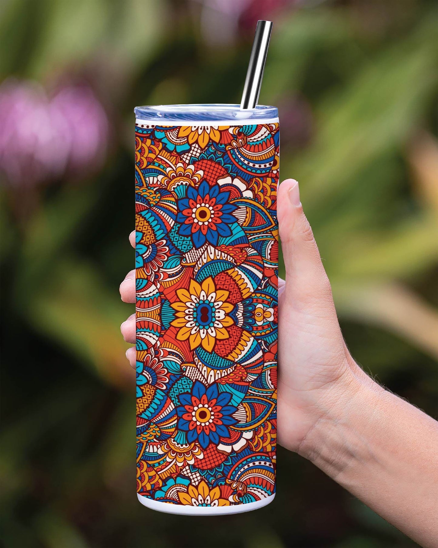 Hand drawn floral elements colorful ethnic seamless pattern Printed 750ML with Lid Leak Proof Travel Tumbler with Straw
