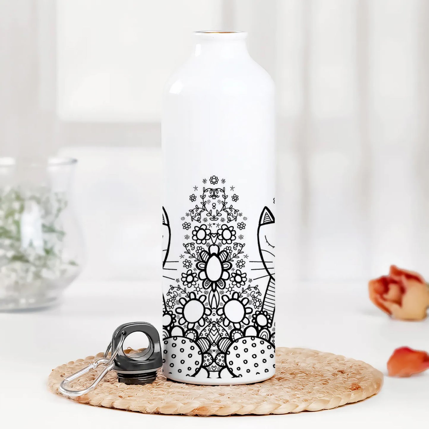 Black in white doodle art cat and birds Printed Normal Sipper Water Bottle 750 ml For Gym, Yoga, Kids, Boys, Girls, Brother, Sister, Babies, Baby, Workout, Adults