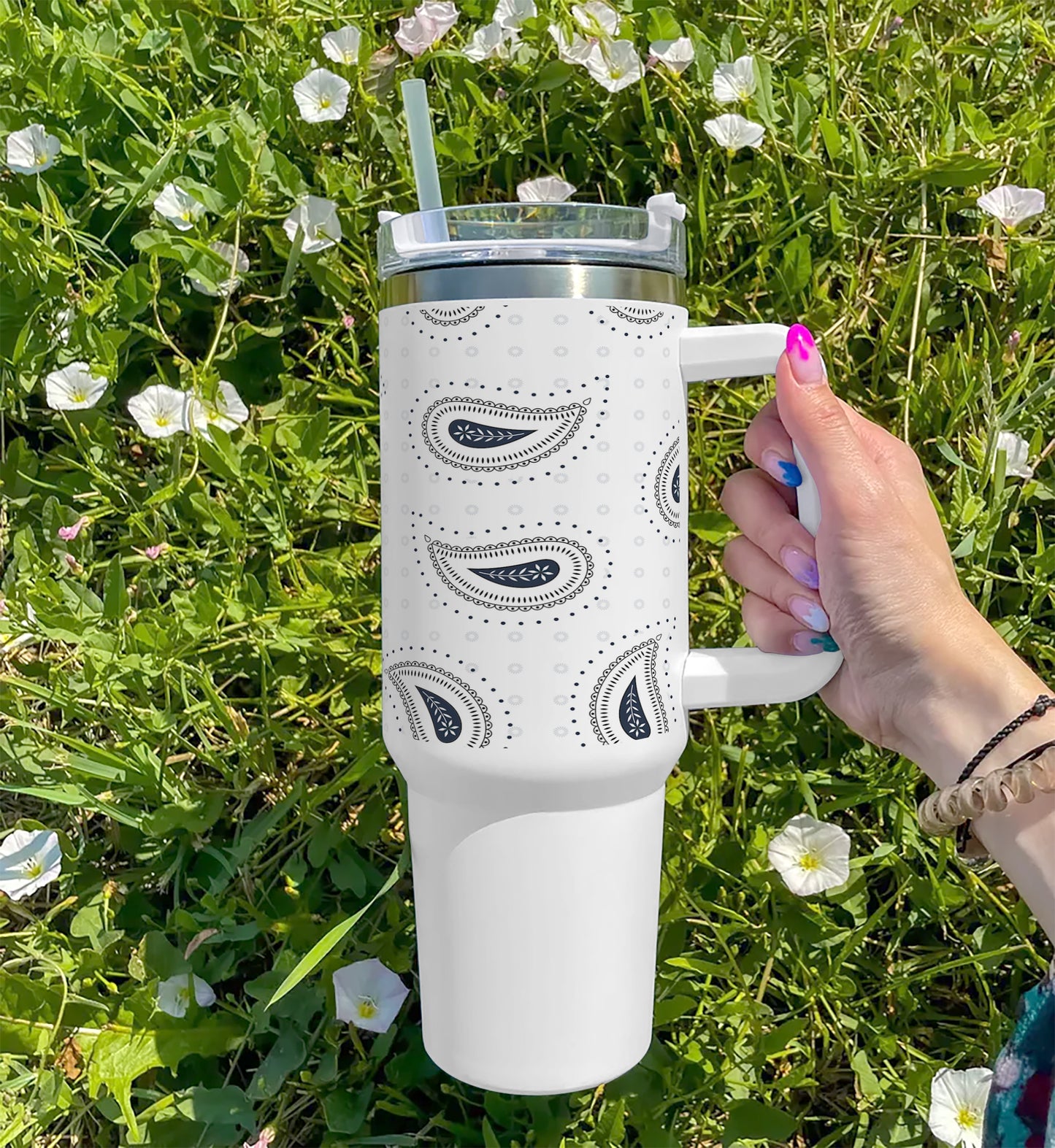 Simple paisley black pattern Printed 850ML with Lid Leak Proof Big Travel Tumbler with Handle and Straw