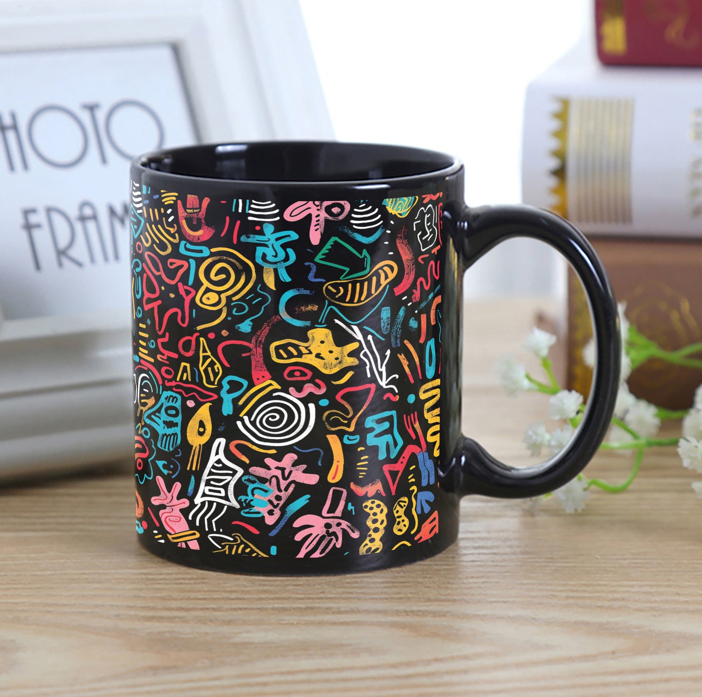 Colorful Word Pattern Art Combo Mugs and Coaster(Set of 2 Mugs and 2 coasters) 330 ml Full Black Coffee Mug