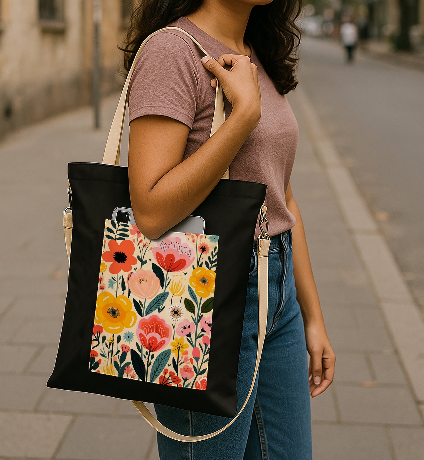 Flower Black Patch 1 Printed Women's Girls Cross Body Sling Bag with Extra Front Pocket, College Bag for Girls, Tote Bag for Shopping,Travel