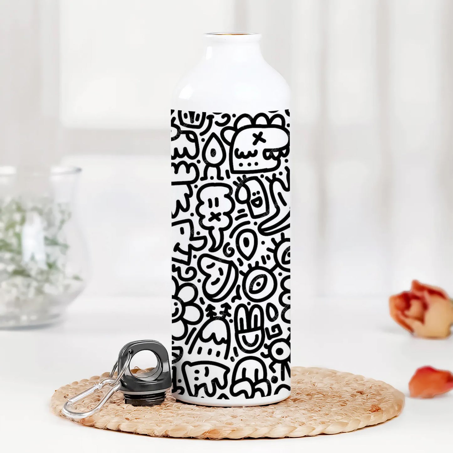 Black in white doodle art Printed Normal Sipper Water Bottle 750 ml For Gym, Yoga, Kids, Boys, Girls, Brother, Sister, Babies, Baby, Workout, Adults