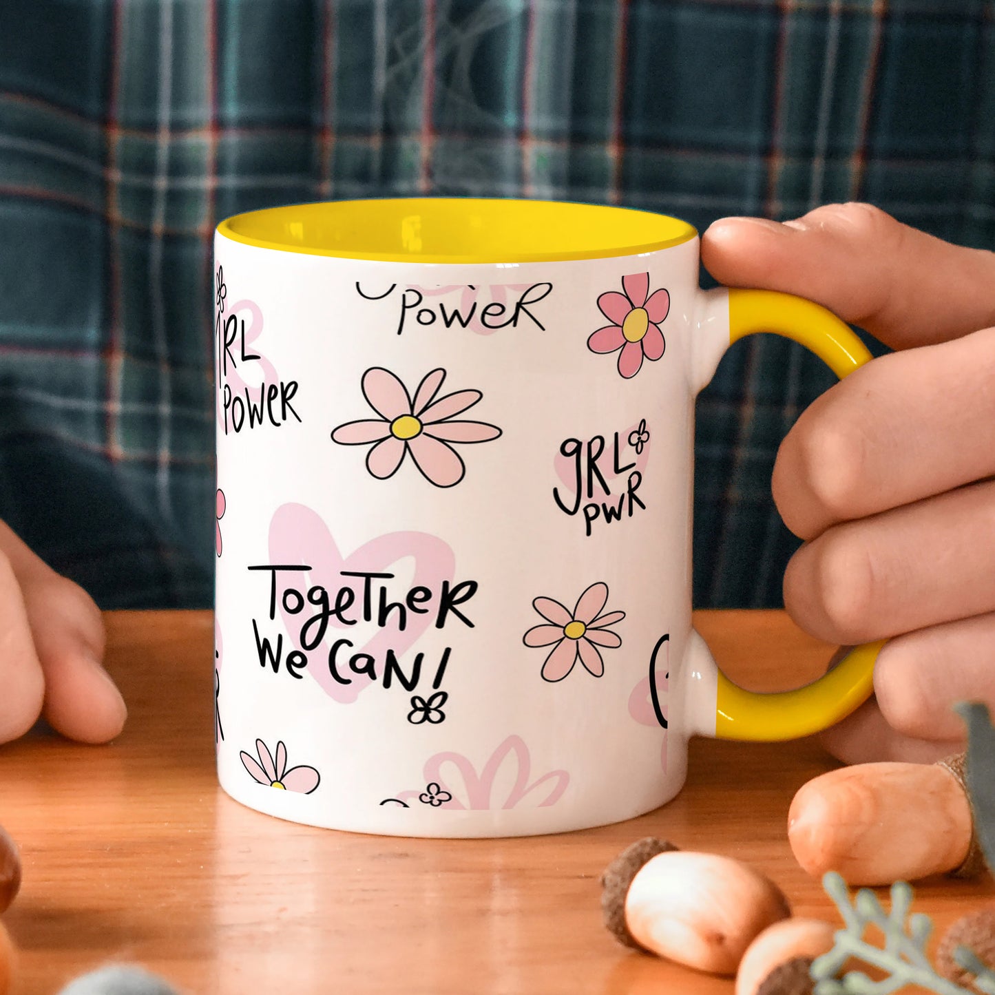 Cute pink flower and heart drawings. Seamless pattern Yellow Handle 330 ml Coffee Mug